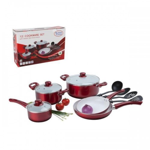 12 Pc Ceramic Coated Red Cookware Set w/ Glass Lids & Utensils - Pots & Pans