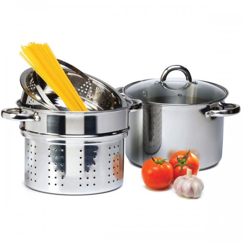 Stainless Steel Pasta Cooker Set with 8 Quart Stock Pot with Steamer Inserts (4 Pieces)