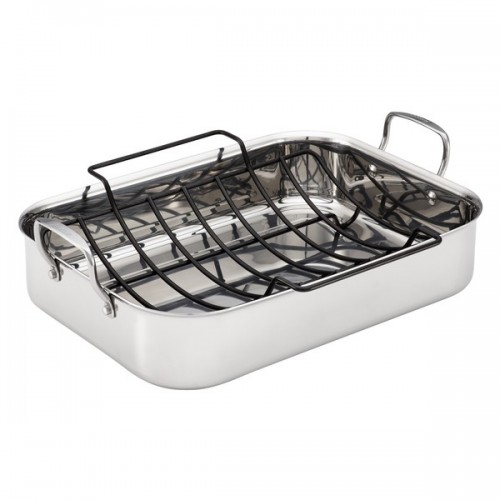 Anolon Tri-Ply Clad Stainless Steel 17-inch by 12-1/2-inch Large Rectangular Roaster with Nonstick Rack