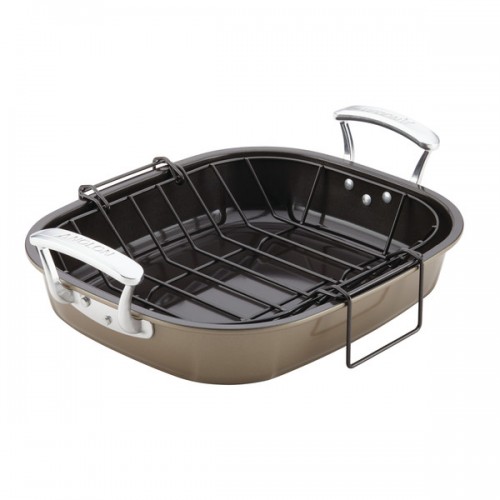 Anolon(r) Nonstick Bakeware 16-Inch x 13-1/2-Inch Roaster with Hanging U-Rack, Pewter/Bronze