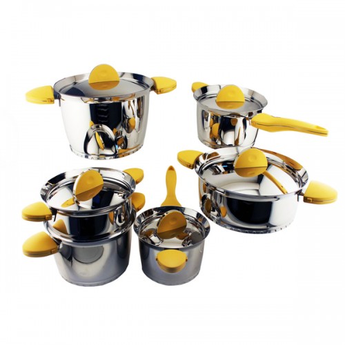Berghoff Stacca 11-piece Cookware Set with Yellow Rubber Handles