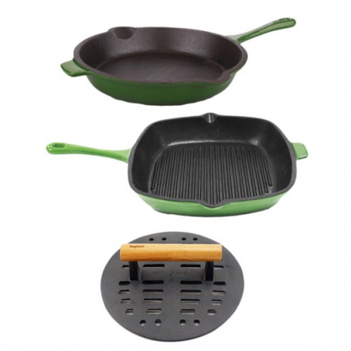 BergHOFF Cast Iron Fry Pan, Grill Pan and Slotted Press 3-piece Set