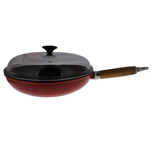 Cast Iron Wood-Handle Fry Pan, Red