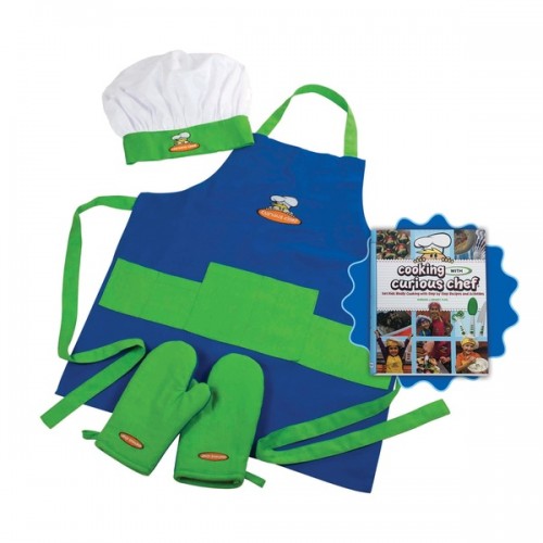 Cooking With Curious Chef Blue/Green 4-piece Cookbook and Chef Set