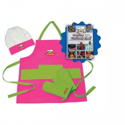 Cooking withCurious Chef Cookbook with 4pc Pink and Green Textile Set Bundle