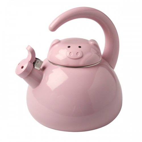 Cute Whistling Pig Metal Teapot - Enamel Finish - 2 Quart Kettle