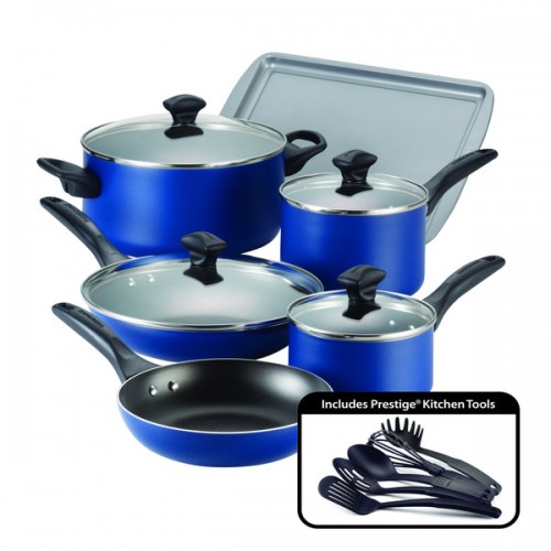Farberware Dishwasher Safe Nonstick Aluminum 15-Piece Cookware Set, Blue