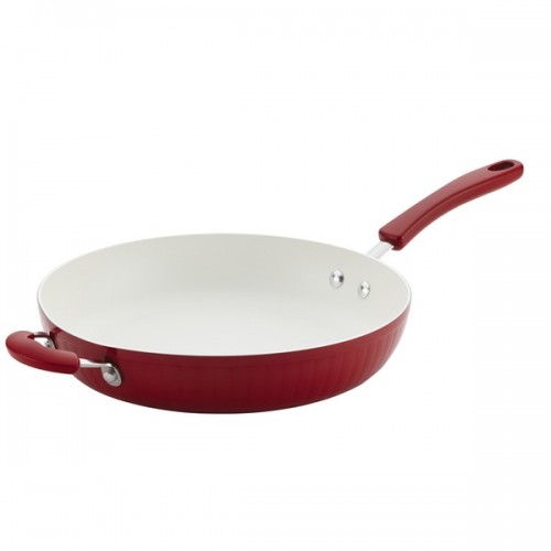 Farberware New Traditions Aluminum Nonstick 12-Inch Deep Skillet with Helper Handle, Red