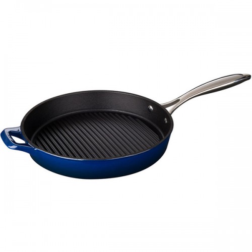 LaCuisine Blue Cast Iron Round 12-inch Grill Pan With Riveted Stainless Steel Handle and Enamel Finish