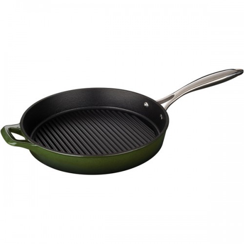 La Cuisine Round 12-inch Green Cast Iron Grill Pan with Riveted Stainless Steel Handle and Enamel Finish