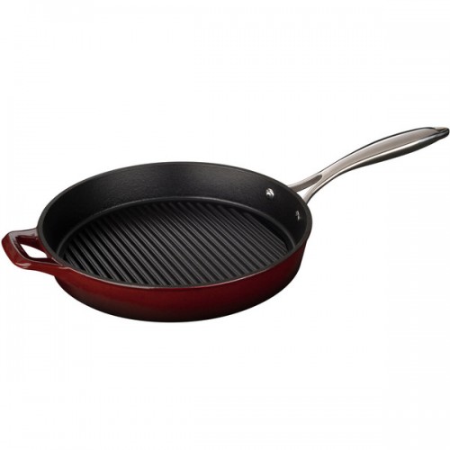 LaCuisine Ruby Round 12-inch Cast Iron Grill Pan with Riveted Stainless Steel Handle and Enamel Finish