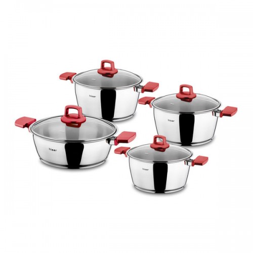 Neptune 8-Piece Stainless Steel Pot Set (Red Handles/Lid Lifts)