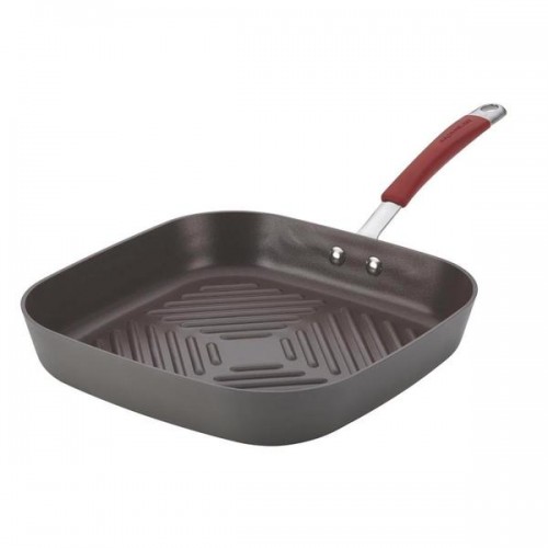 Rachael Ray Cucina Hard-anodized Nonstick 11-inch Grey with Cranberry Red Handle Deep Square Grill Pan