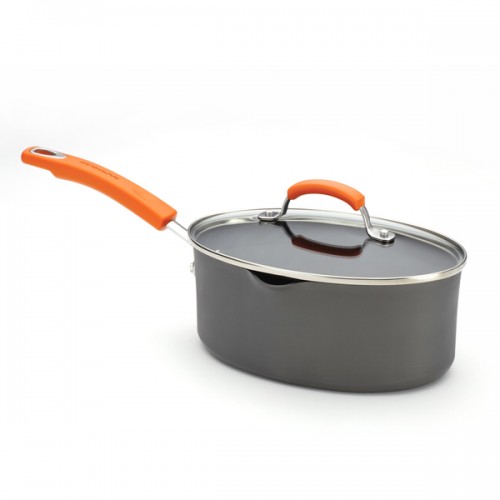 Rachael Ray Hard-anodized Nonstick 3-quart Grey with Orange Handles Covered Oval Saucepan