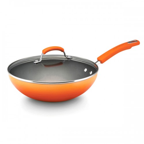 Rachael Ray Hard Enamel Cookware 11-inch Covered Stir Fry, Orange 2-tone