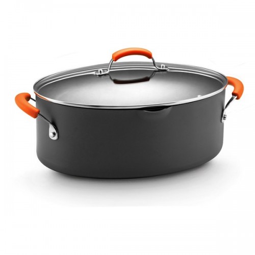 Rachael Ray Hard-anodized II Nonstick 8-quart Grey with Orange Handles Covered Oval Pasta Pot with Pour Spout