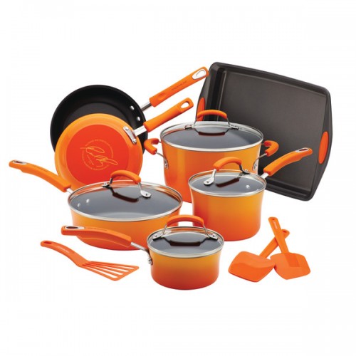 Rachael Ray Porcelain  Nonstick 14-Piece Cookware Set with Bakeware and Tools, Gradient Orange