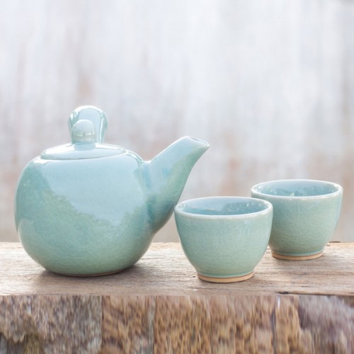 Set for 2 Handmade Celadon Ceramic 'Chiang Mai Sky' Tea Set (Thailand)