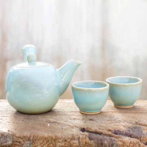 Set for 2 Handmade Ceramic 'Chiang Mai Blue' Celadon Tea Set (Thailand)