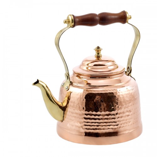 Solid Copper Hammered 2-quart Tea Kettle with Brass Spout and Wooden Handle