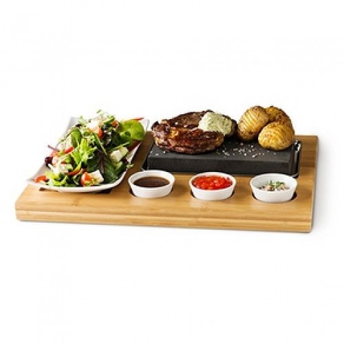 Steak Stone 7 Pcs Set- Family Size Hot Cooking Stone for Tabletop Grilling with Stainless Steel Serving Tray and Wooden Board